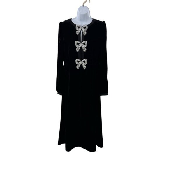 Saloni NEW Velvet Camille Bows Long Sleeve Formal Elegant Midi Dress Size 2 - Picture 5 of 12